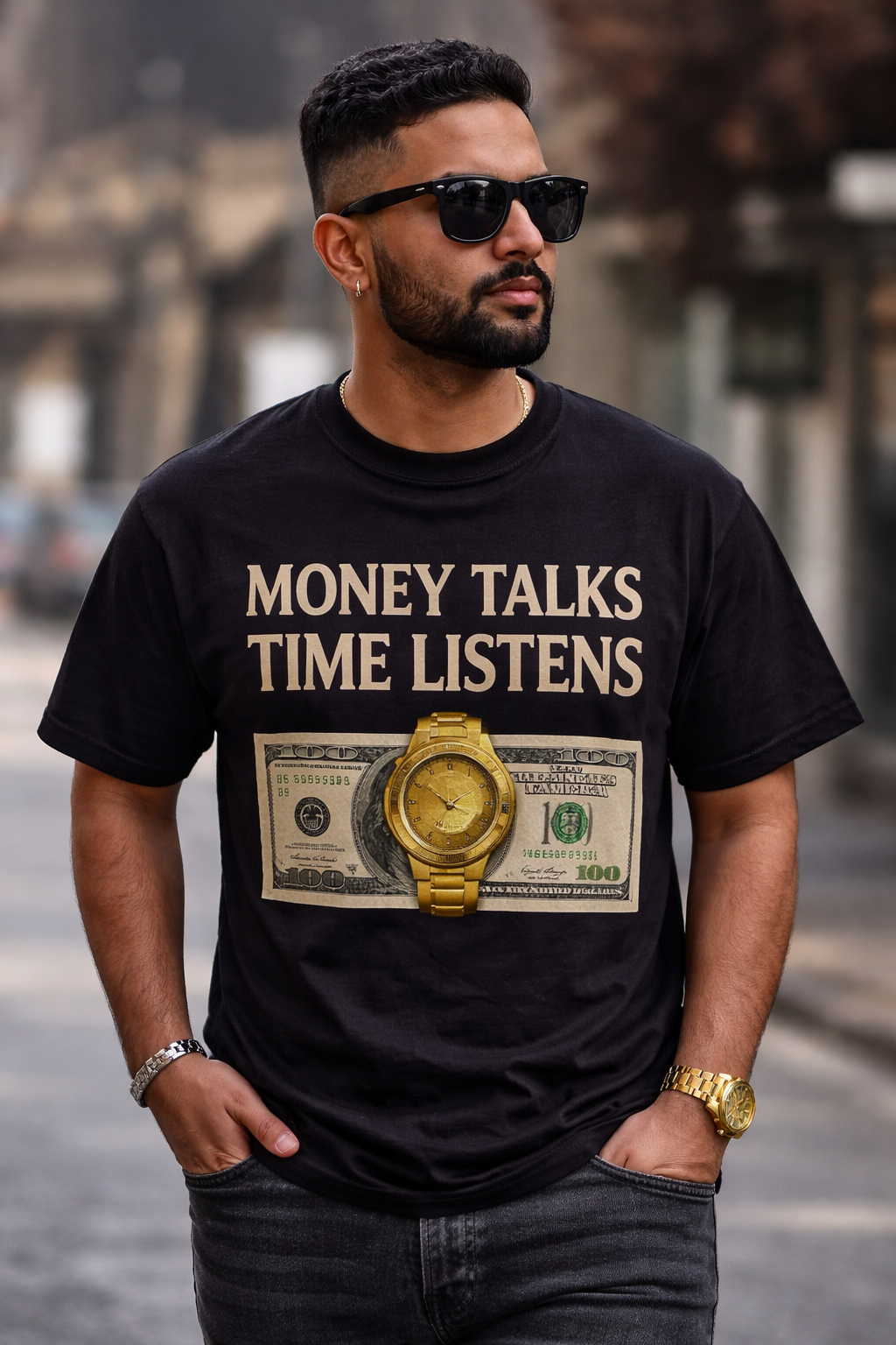 Trendish Premium Graphic T-Shirt – Money Talks Time Listens | 100% Cotton